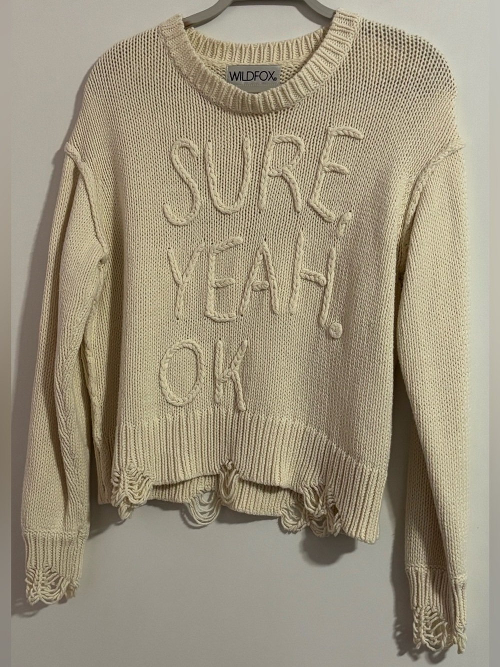 WILDFOX Cream Cable-Letter Knit Sweater - "SURE, YEAH, OK"
